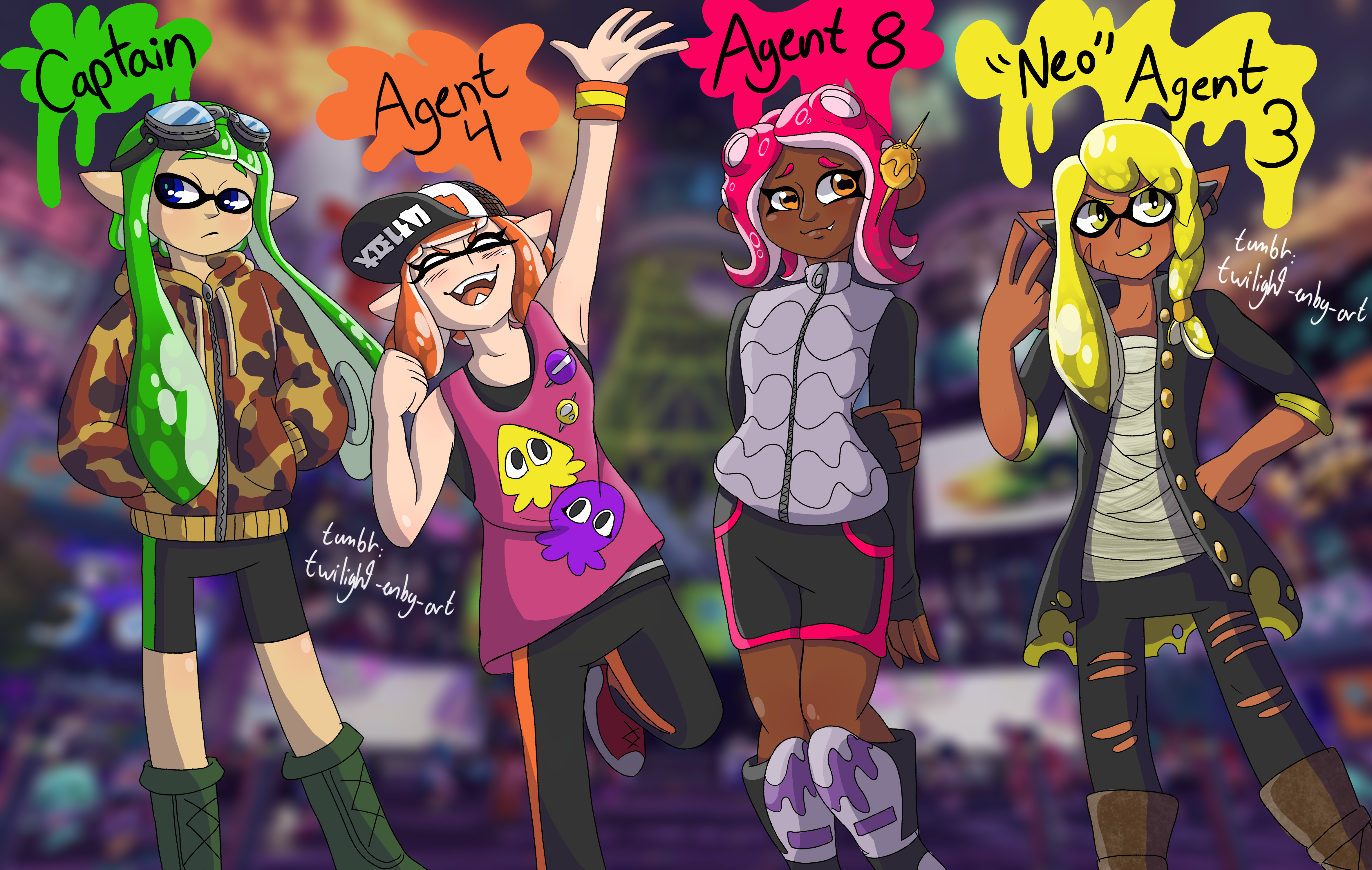 splatoon agents in different outfits in inkopolis.